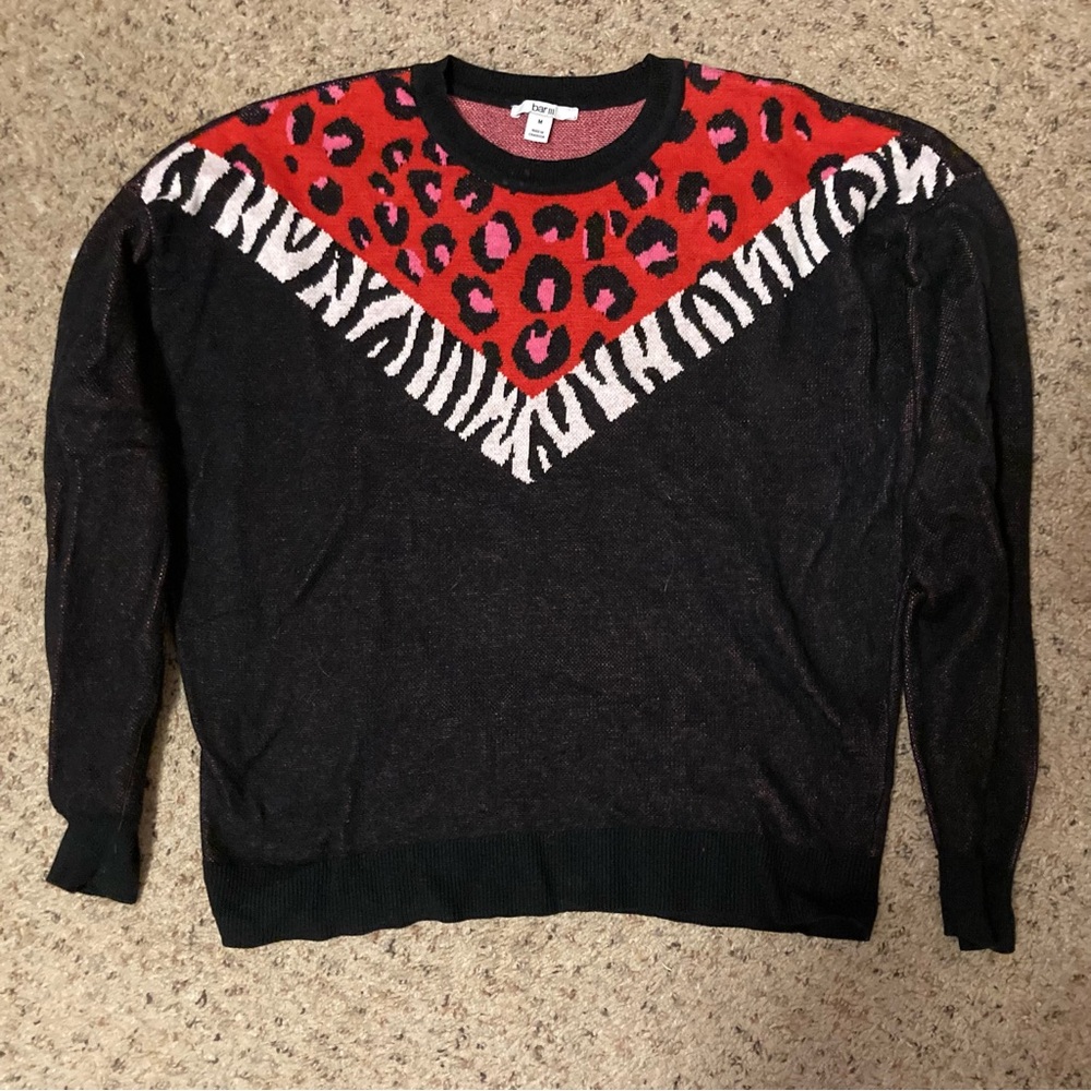 Bar III colorful animal print retro style scoop neck black sweater multi print